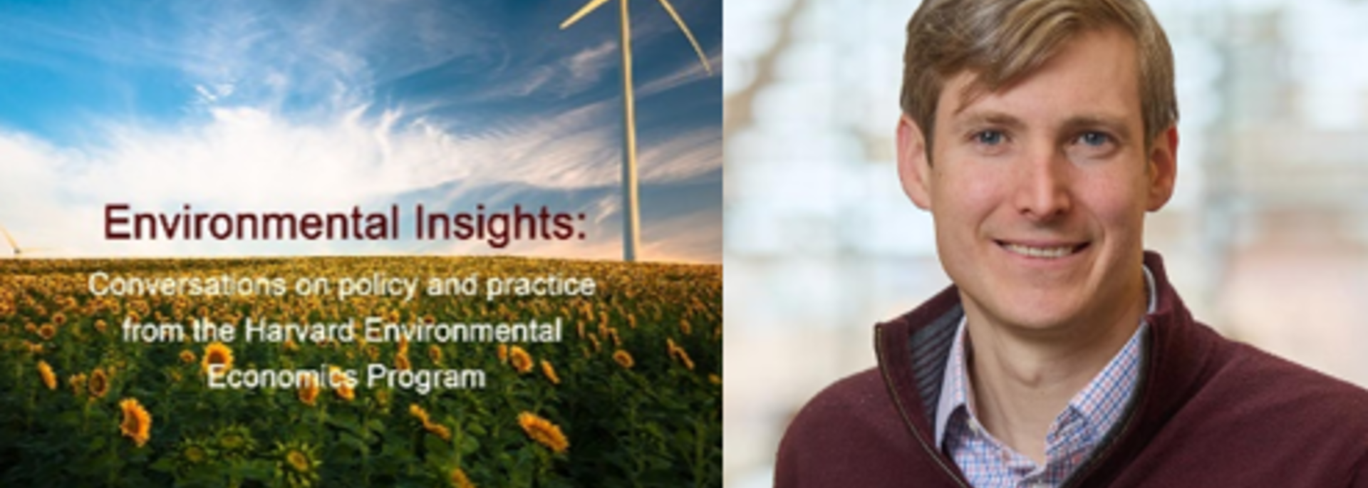 Environmental Insights title over a sunflower field with windmill in the background next to Kenneth Gillingham headshot